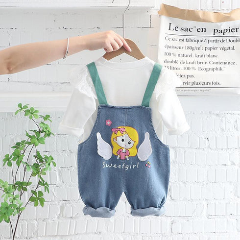 Spring and Autumn Girls Casual Denim Straps Two-Piece Set